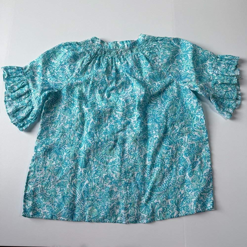 Lilly Pulitzer Linen Tayla Blouse Flutter Sleeve blue and aqua large - Picture 9 of 9